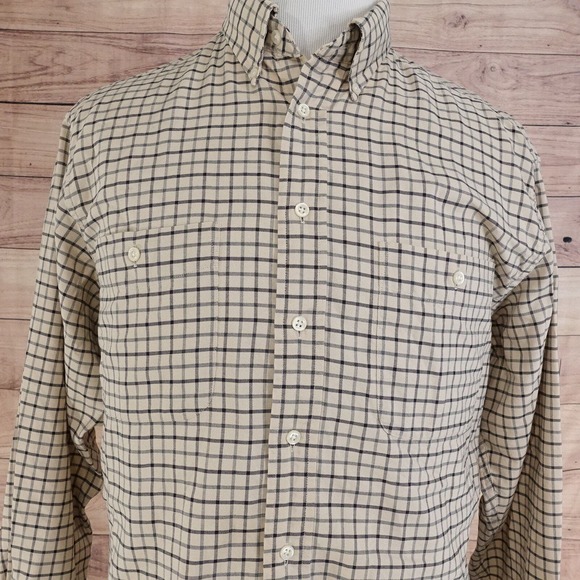 ROUNDTREE & YORKE OXFORD BEIGE CHECK BUTTON DOWN SHIRT MENS SIZE L LARGE - Picture 1 of 7